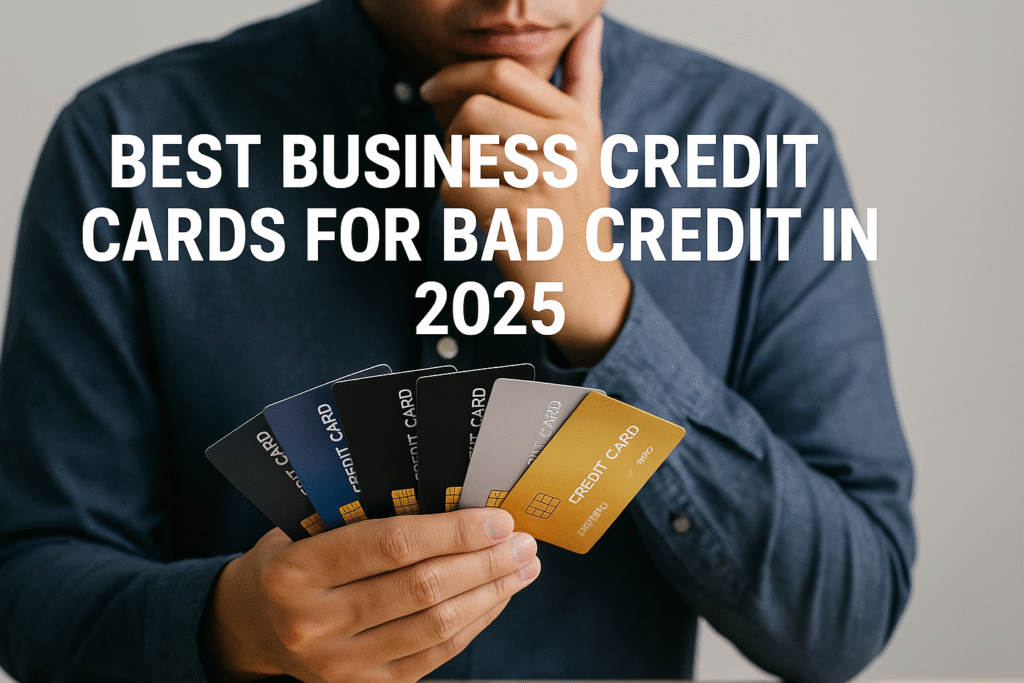 A person in a blue shirt examines several credit cards fanned out in hand, with the text “Best Business Credit Cards for Bad Credit” displayed above.