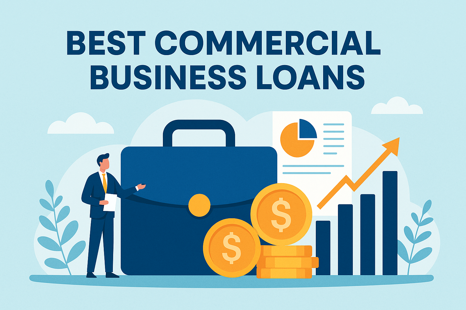 Illustration of a confident businessperson standing near financial icons—coins, a bar chart, and a briefcase—symbolizing growth with the text “Best Commercial Business Loans.”