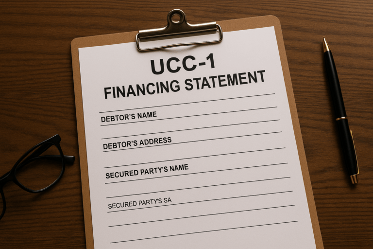 UCC-1 financing statement form on a clipboard with pen and glasses on wooden desk
