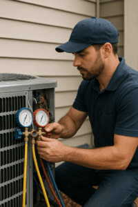 An HVAC technician checks refrigerant pressure on an outdoor AC unit using manifold gauges—representing skilled trades that benefit from contractor business loans for equipment and service expansion.