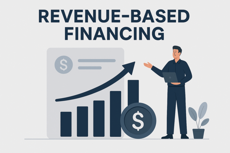 A modern, minimalist digital illustration showing a businessman analyzing an upward financial chart, symbolizing revenue-based financing and alternative business funding options.
