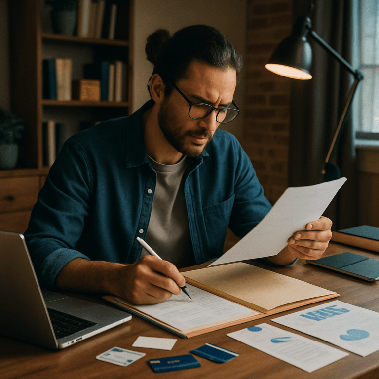 A focused entrepreneur sits in a modern home office reviewing financial documents and charts related to startup funding, with a laptop and printed reports on the desk under warm lighting.