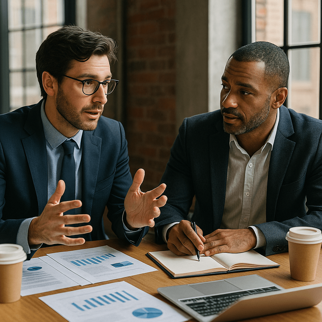 Two professionally dressed businessmen engage in a meeting at a wooden table, reviewing financial reports and exchanging ideas about funding strategies, with coffee cups, charts, and a laptop visible in a sunlit office.