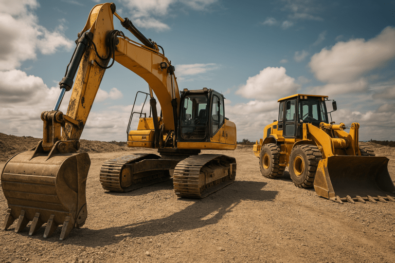 Excavator and bulldozer at a construction site representing equipment purchased through business financing.