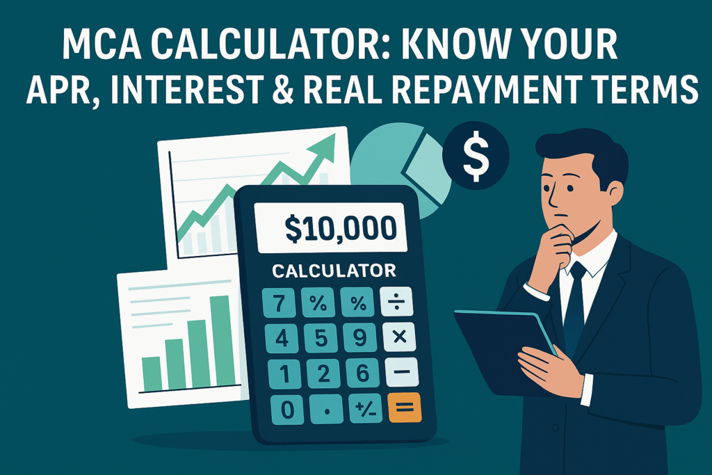 Man using a Merchant Cash Advance Calculator with repayment values on screen and financial icons around.