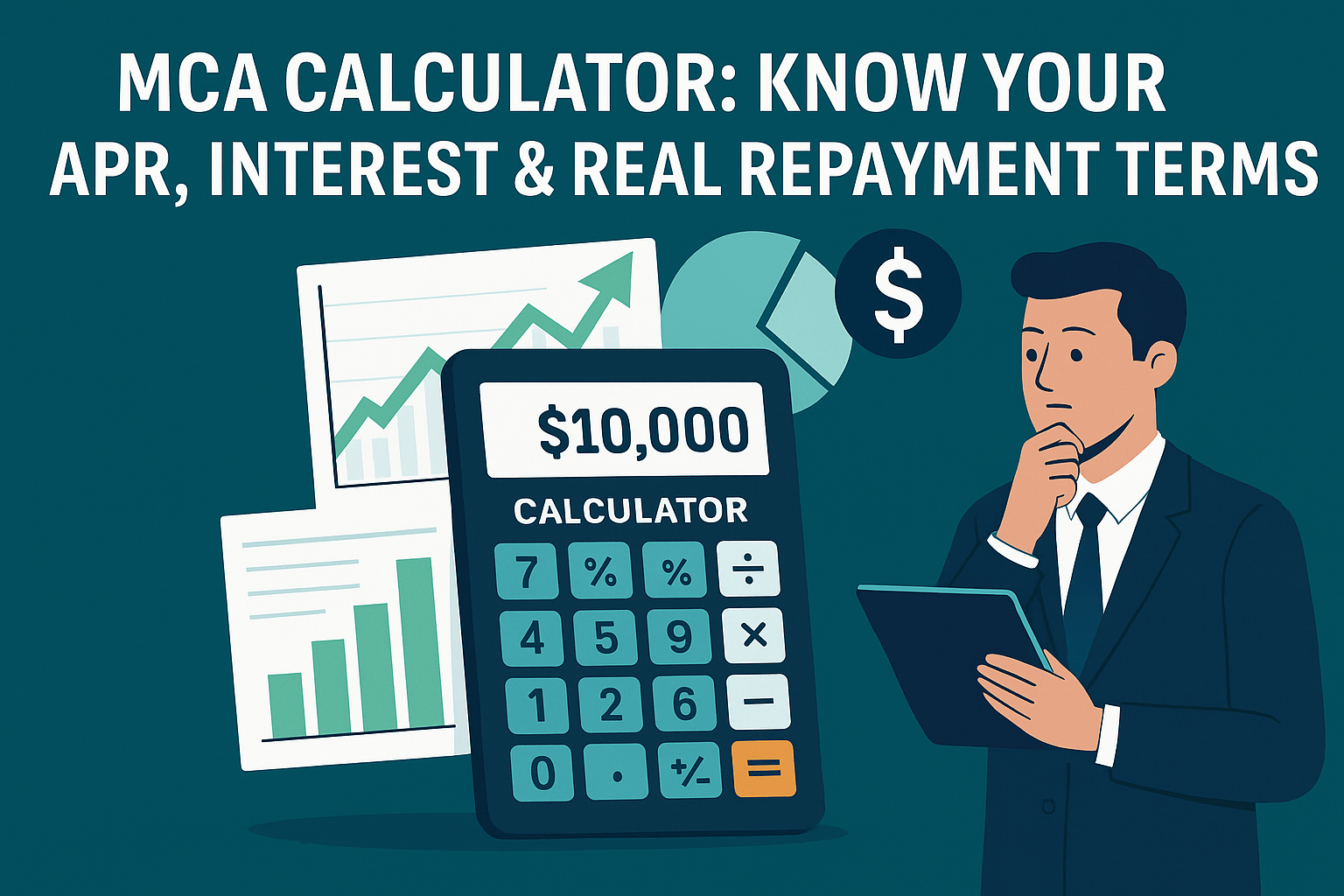 Man using a Merchant Cash Advance Calculator with repayment values on screen and financial icons around.