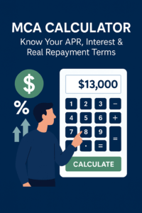 Man using a Merchant Cash Advance Calculator with repayment values on screen and financial icons around.