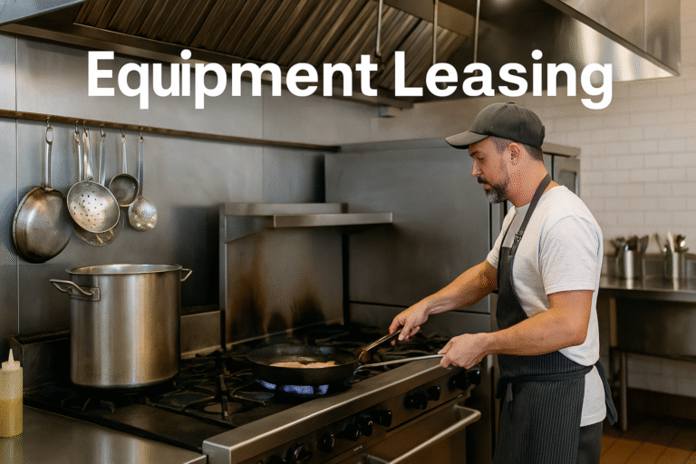 A business owner cooks with leased equipment in a commercial restaurant kitchen.