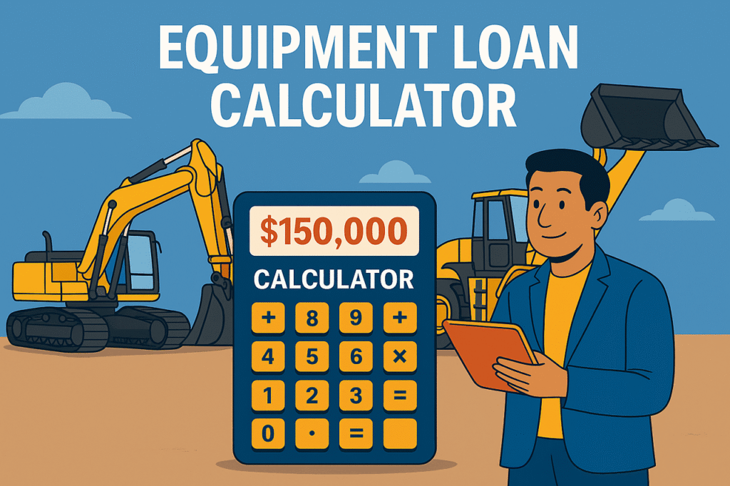 Illustration of a digital equipment loan calculator displaying a large loan amount, with heavy construction equipment like excavators and bulldozers in the background and a professional man holding a tablet.