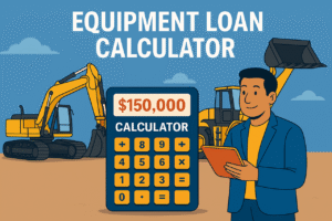 Illustration of a digital equipment loan calculator displaying a large loan amount, with heavy construction equipment like excavators and bulldozers in the background and a professional man holding a tablet.