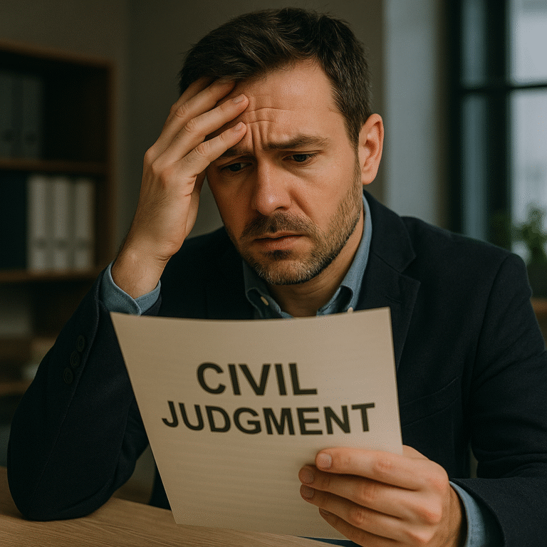 Concerned business owner reading a civil judgment document after defaulting on a merchant cash advance.