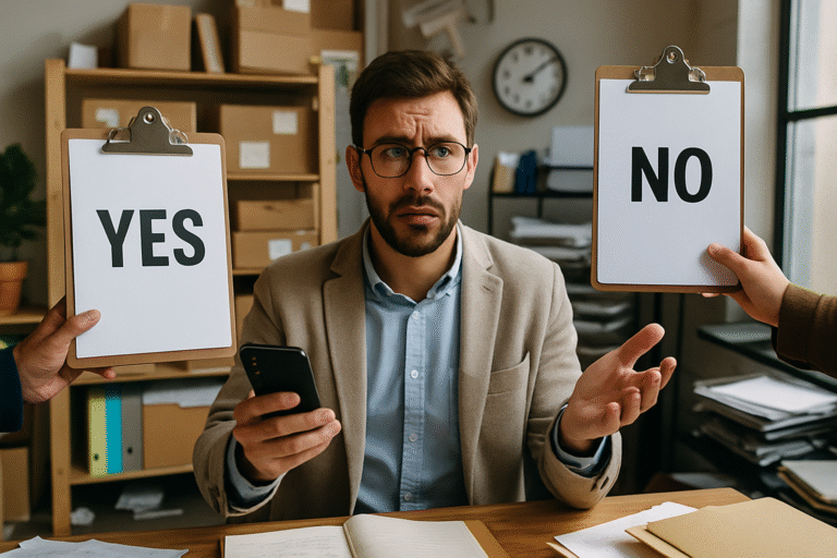 Business owner evaluating merchant cash advance same day funding options with soft credit pull in a cluttered office environment
