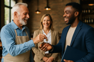 An older retiring business owner hands over the keys to a new entrepreneur, symbolizing the transfer of ownership through an SBA business acquisition loan.