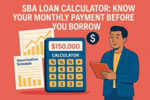 Illustration of a small business owner using an SBA loan calculator to estimate monthly payments, with graphs and amortization tables in the background.