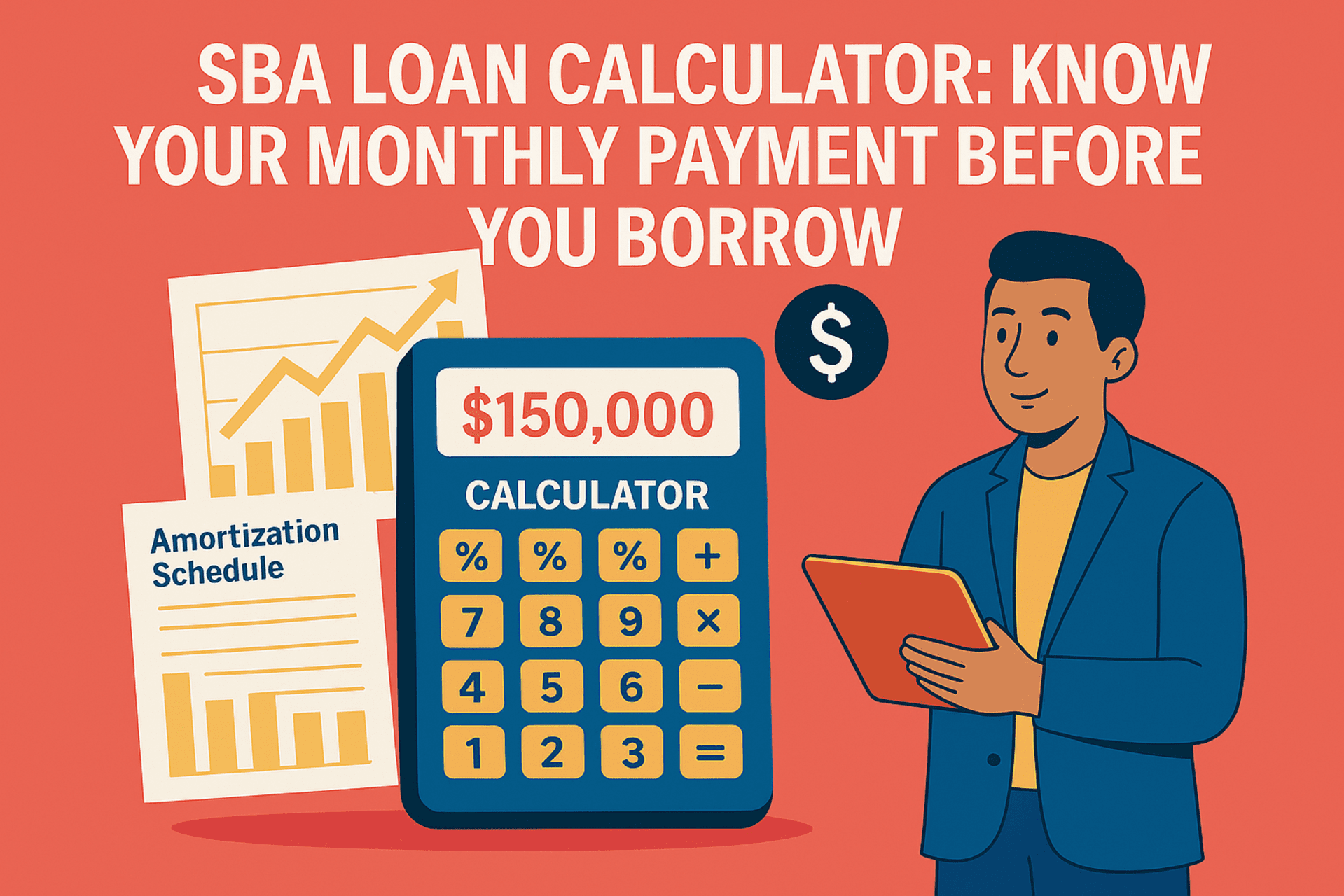 Illustration of a small business owner using an SBA loan calculator to estimate monthly payments, with graphs and amortization tables in the background.