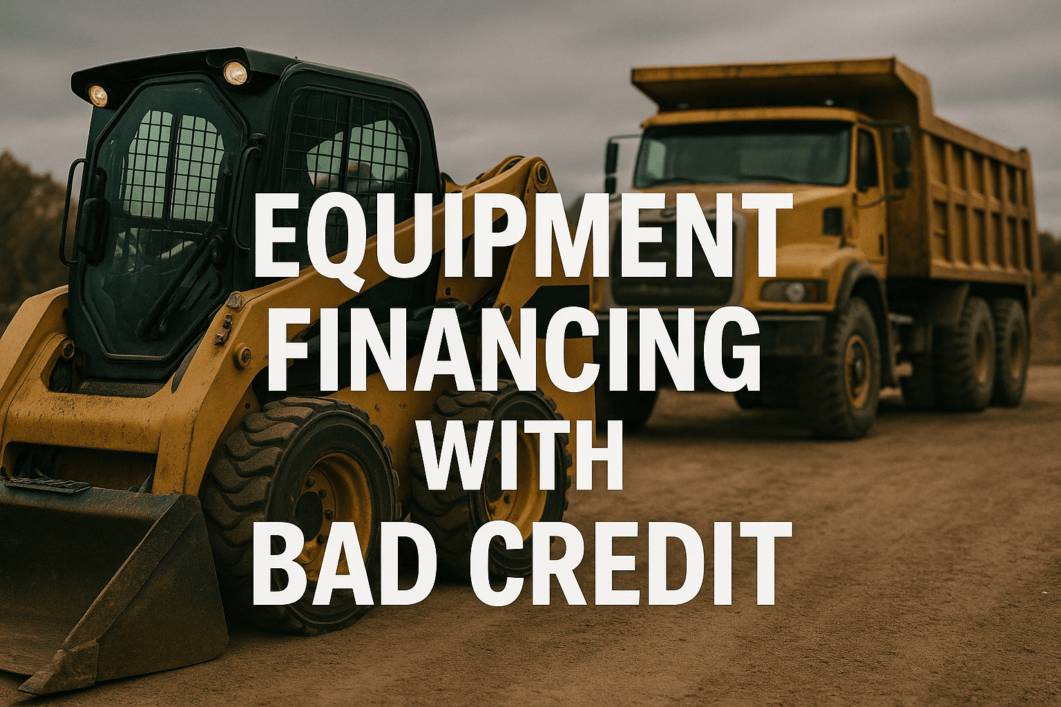 Yellow skid steer and dump truck on a construction site with bold white text reading “Equipment Financing With Bad Credit.