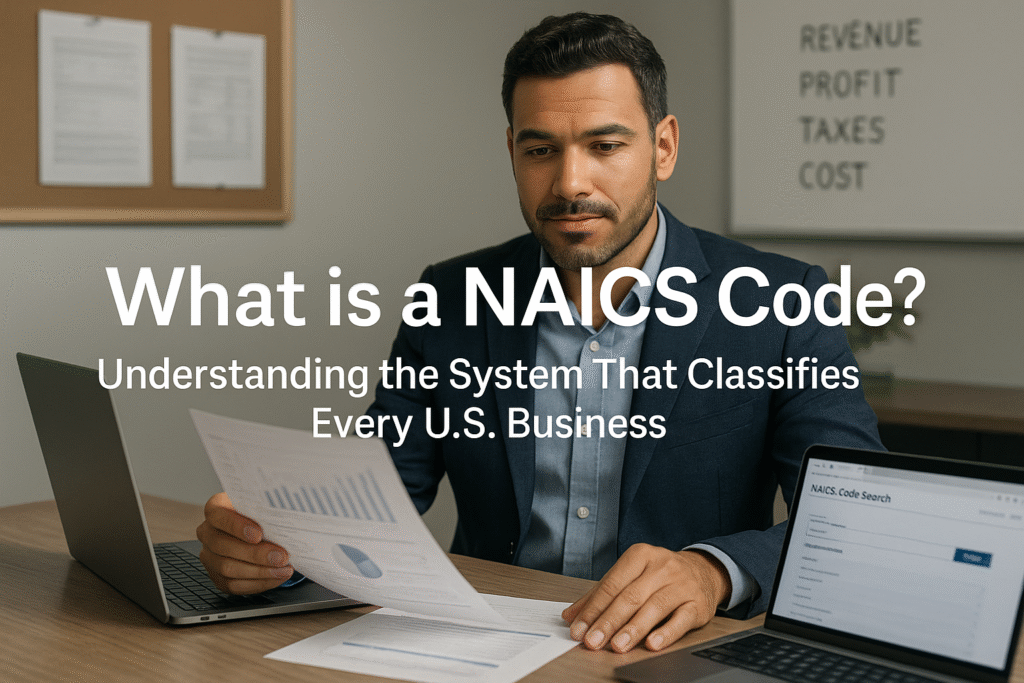 Small business owner reviewing NAICS code search results online