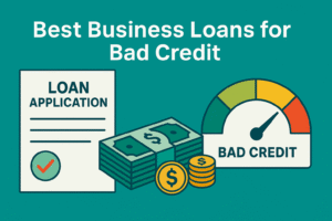 Landscape infographic displaying a loan application form, stacks of cash, coins, and a credit score gauge marked bad credit.
