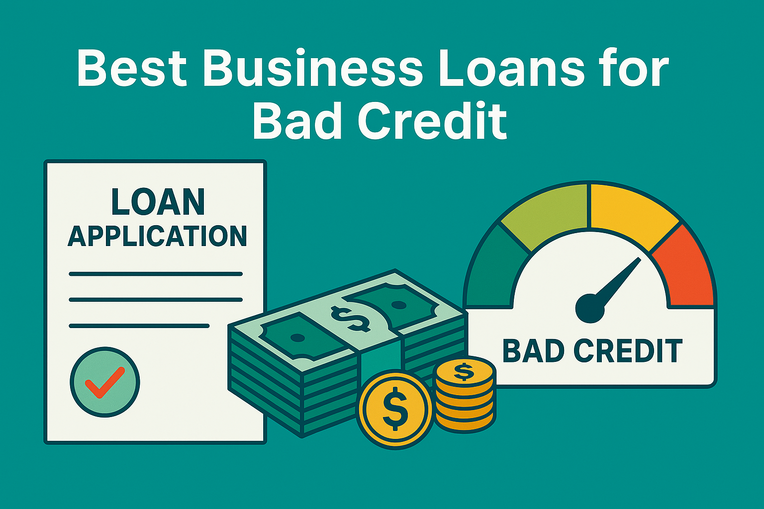 Landscape infographic displaying a loan application form, stacks of cash, coins, and a credit score gauge marked bad credit.
