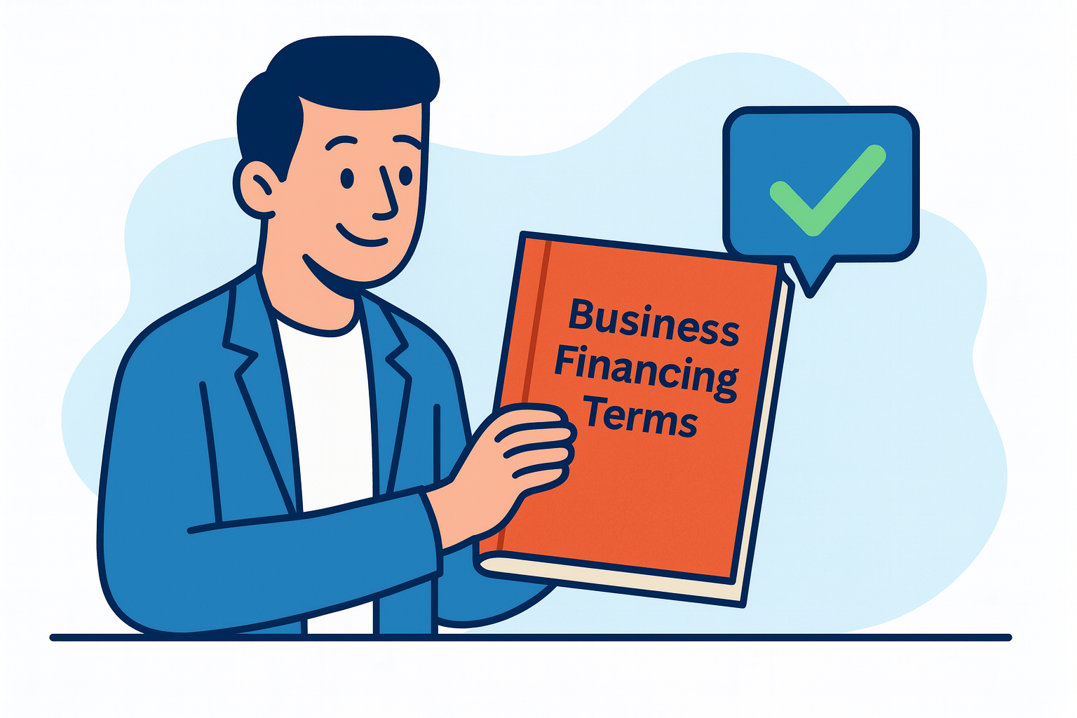 Flat-style digital illustration of a man in a blue blazer holding an orange-red book titled “Business Financing Terms” with a green checkmark speech bubble beside him.