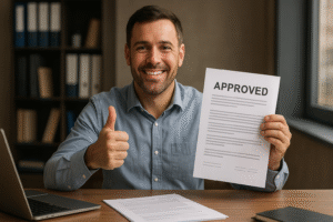 Smiling business owner holding an "Approved" loan document after receiving no doc unsecured business loan