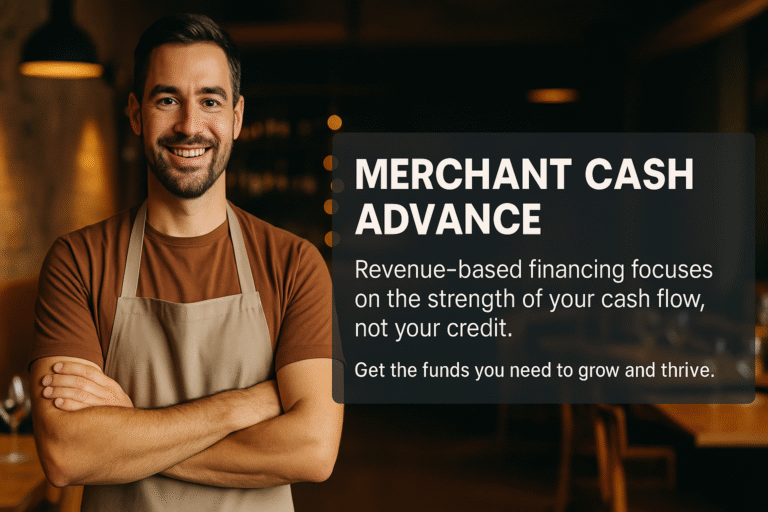 A confident business owner standing with arms crossed and text promoting merchant cash advance, highlighting revenue-based financing benefits.