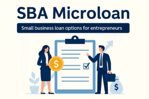 SBA Microloan application concept with entrepreneurs reviewing loan checklist and funding options