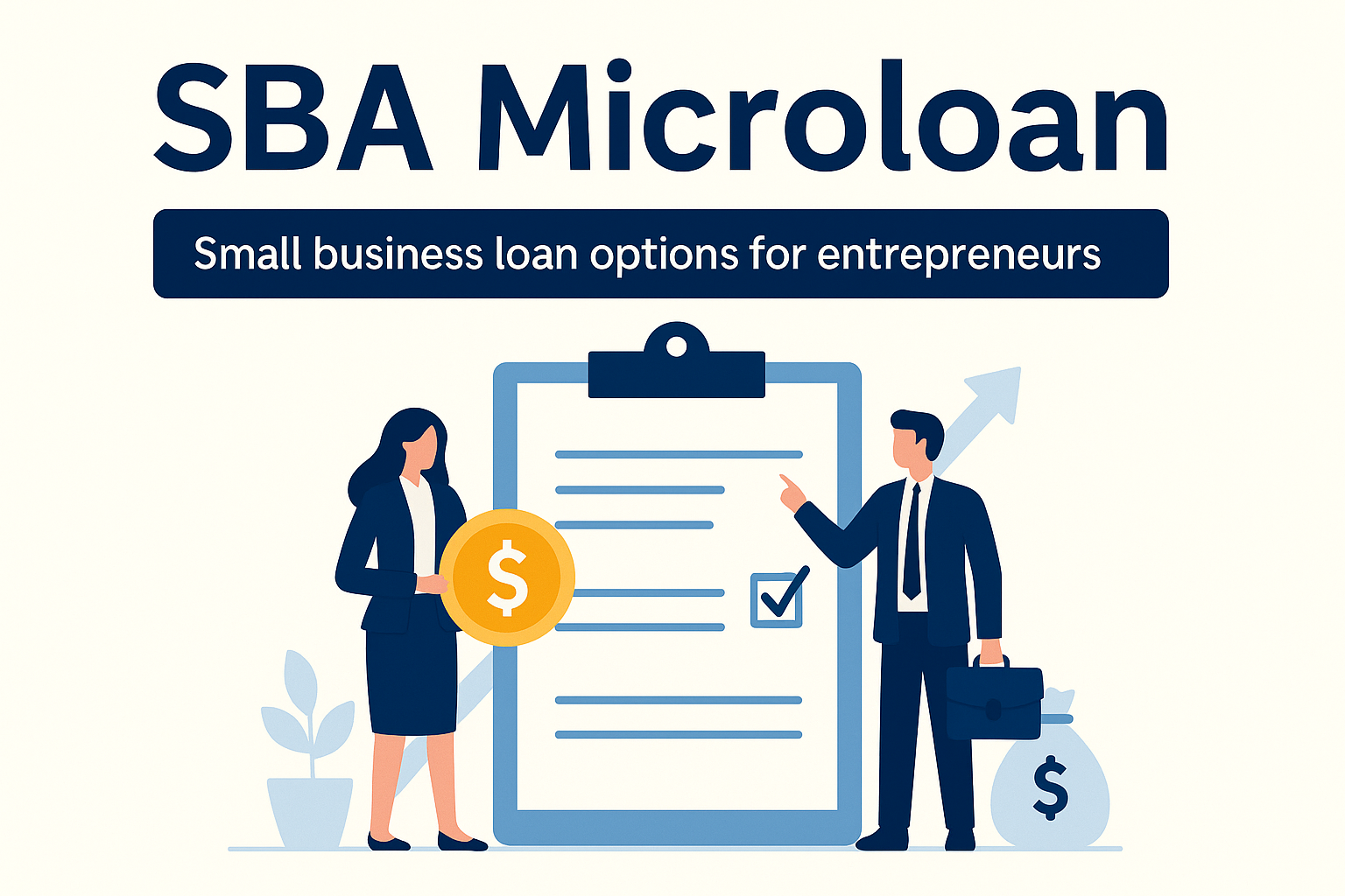 SBA Microloan application concept with entrepreneurs reviewing loan checklist and funding options