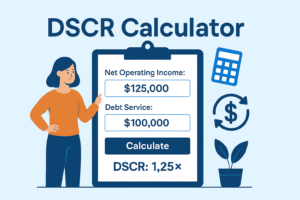 Flat animation of a business owner using a DSCR Calculator with input fields for Net Operating Income and Debt Service.