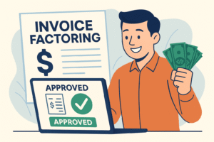 Flat illustration of a business owner holding cash after invoice factoring approval on a laptop