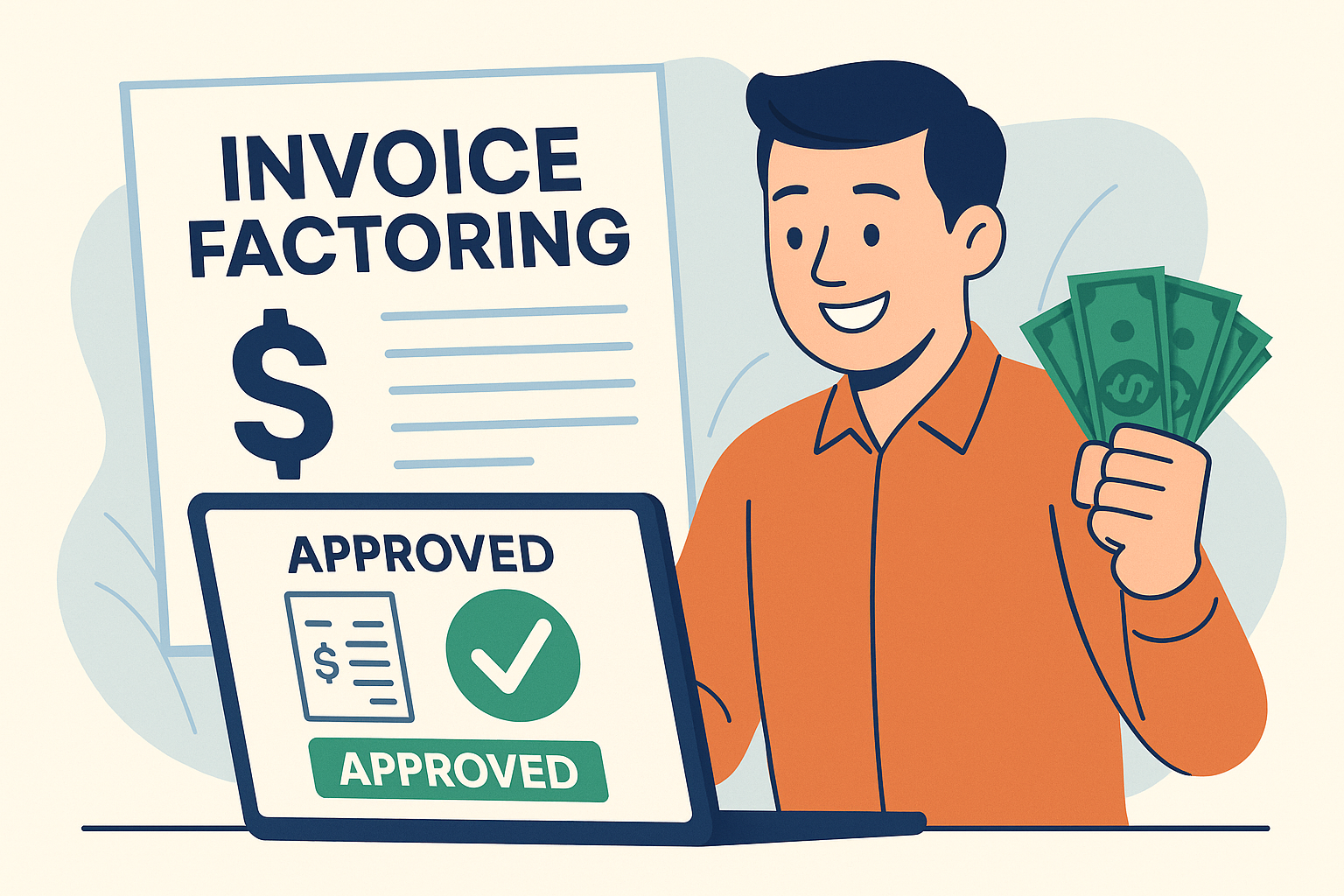 Flat illustration of a business owner holding cash after invoice factoring approval on a laptop