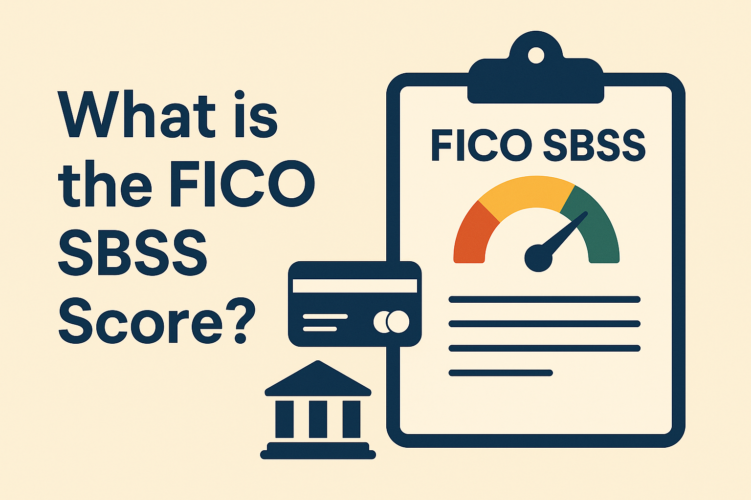 Illustration showing a clipboard with a credit score gauge labeled FICO SBSS and icons representing small business finance and banking.