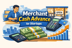 Merchant cash advance for startups illustration showing business owner, POS terminal, cash stacks, and revenue growth chart