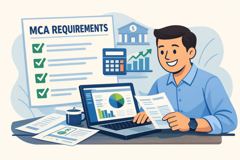 Merchant cash advance requirements illustrated by business owner reviewing bank statements and MCA qualification checklist