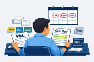 Small business owner reviewing profit and loss and cash flow statements while tracking payroll and rent on a calendar, illustrating how business financing depends on cash flow timing.