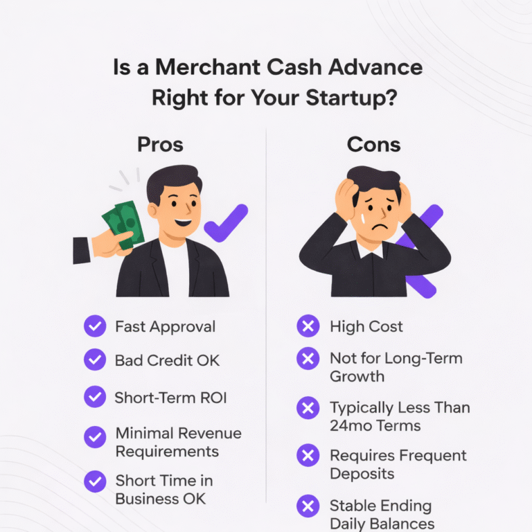 Infographic showing the pros and cons of a merchant cash advance for startups, including fast approval, bad credit approval, minimal revenue requirements, high costs, frequent deposits, and short-term repayment terms.