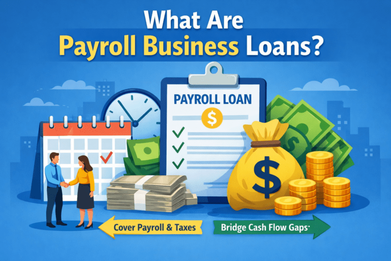 Illustration of payroll business loans for small business showing employees, a calendar, coins, and a payroll document