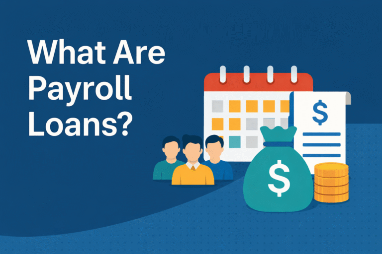 Illustration explaining payroll loans for small businesses with calendar, employees, money bag, coins, and payroll financing document on blue background.
