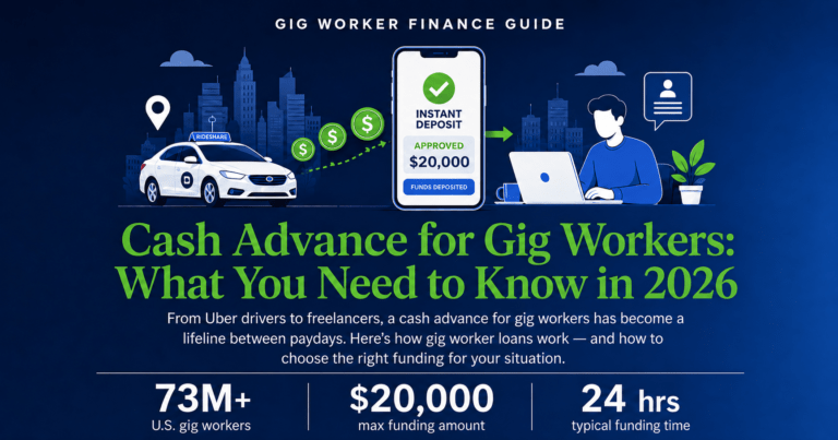 Gig worker cash advance guide showing rideshare car, instant deposit phone approval, freelancer laptop, and funding up to $20,000.