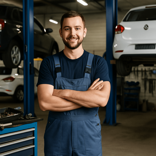 An auto mechanic standing in a professional repair shop with cars on lifts and tools nearby, representing funding opportunities through automotive business loans and mechanic shop financing.