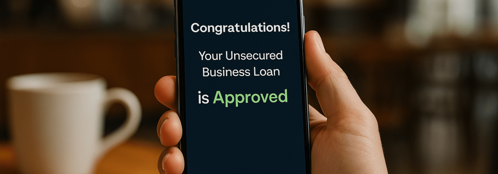 Hand holding smartphone displaying “Congratulations! Your Unsecured Business Loan is Approved” in a cozy coffee shop setting.